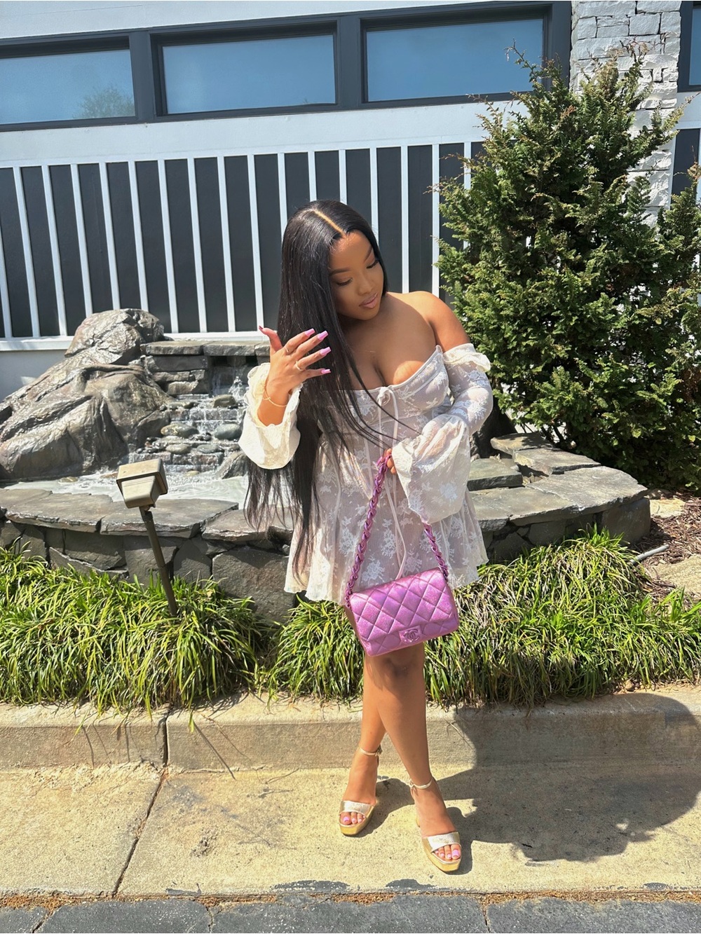 House of CB Sheer Lace Off-Shoulder Long Sleeve Mini Dress in Nude - Picture 2 of 2